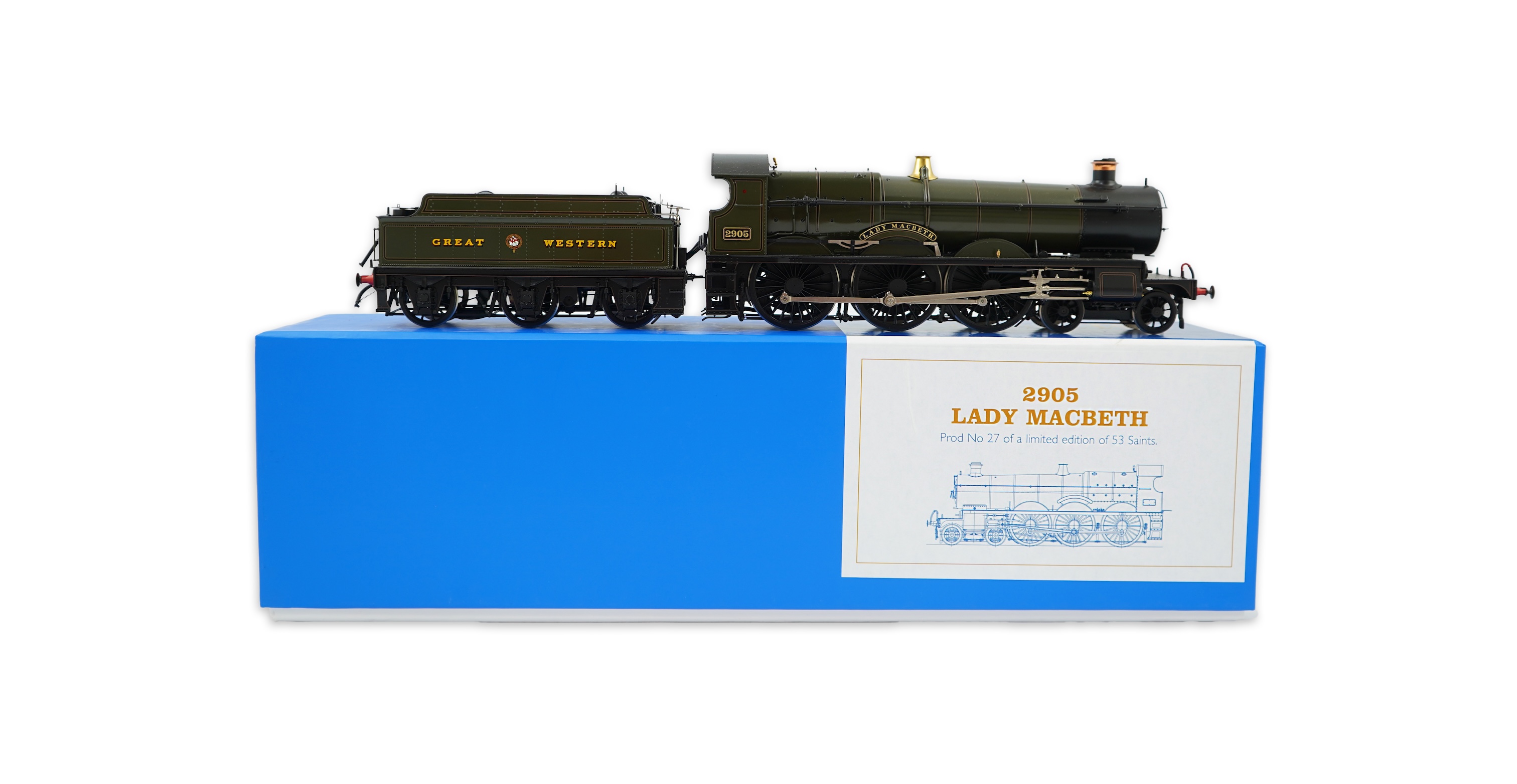 An 0 gauge Masterpiece Models model of GWR Saint Class, 2905, 4-6-0 tender locomotive, powered for two rail operation, with original box, accessories, instruction booklet and other paperwork.